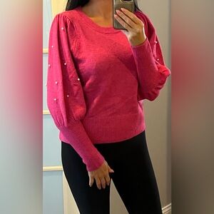 NWT CeCe Women's Pearl Embellished-Sleeve Crewneck Sweater Pink Purple Sz Medium